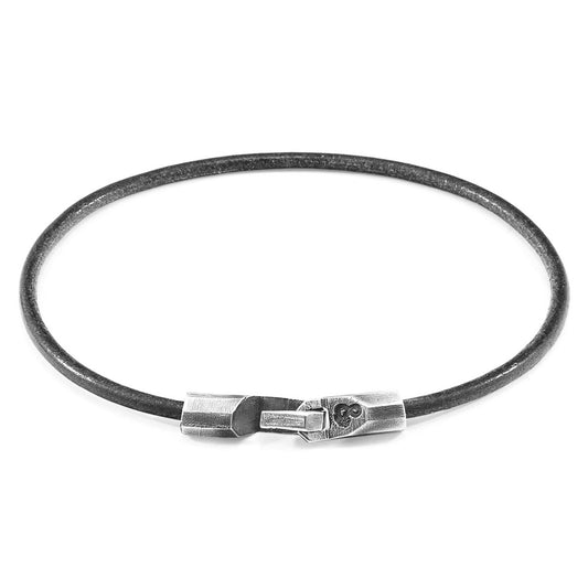 925 Sterling Silver & Natural Leather Bracelet - Midnight Wave Grey