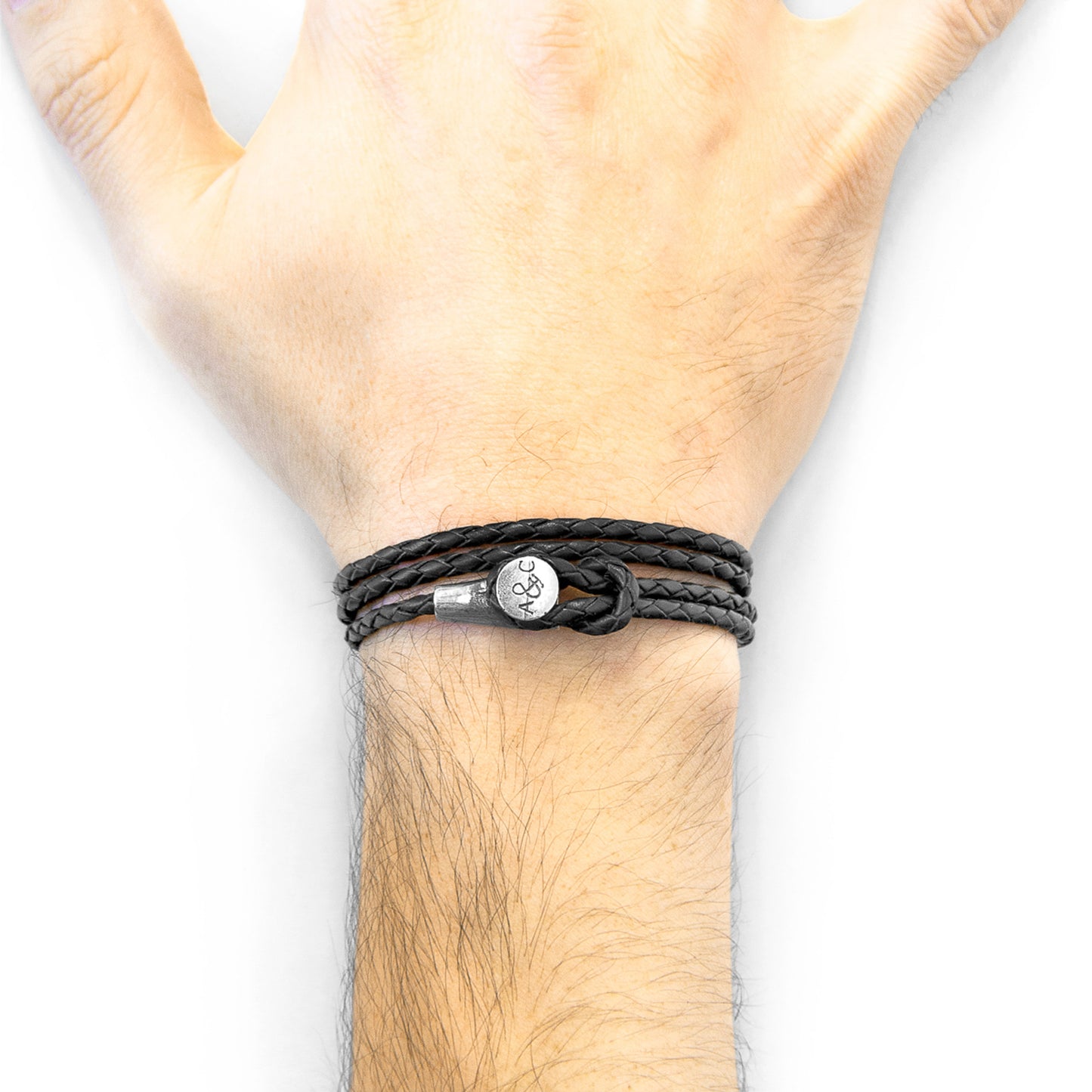 925 Sterling Silver & Natural Leather Bracelet - Ocean Link Black