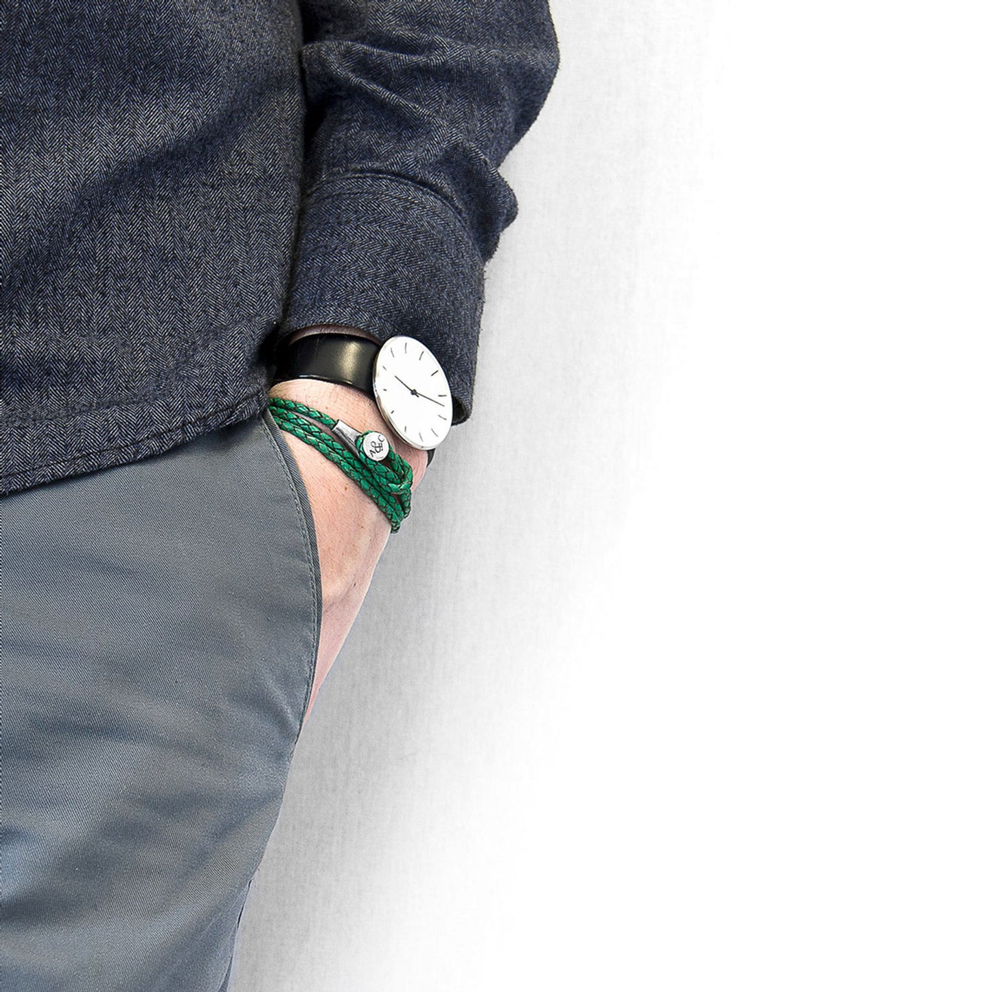 925 Sterling Silver & Natural Leather Bracelet - Ocean Link Green