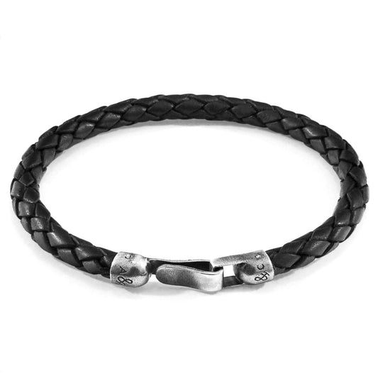 925 Sterling Silver & Natural Leather Bracelet - Silver Horizon Black