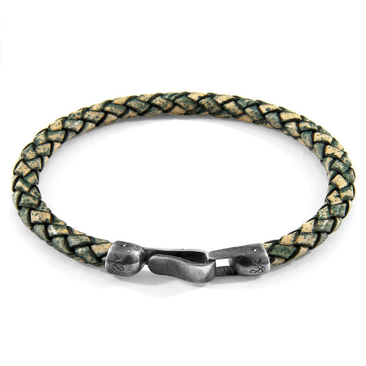 925 Sterling Silver & Natural Leather Bracelet - Silver Horizon Green