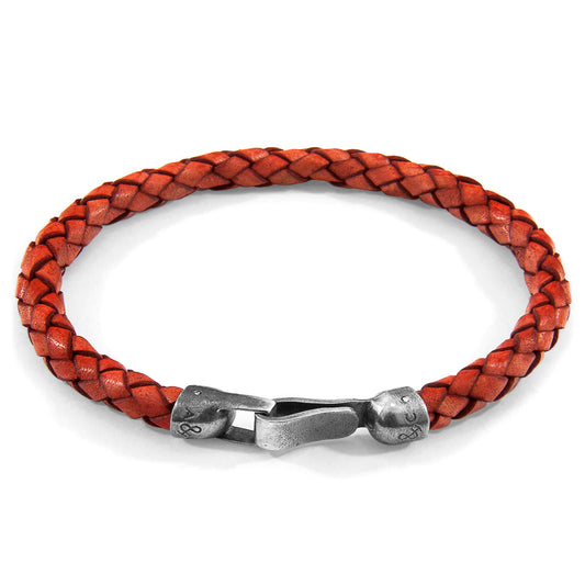 925 Sterling Silver & Natural Leather Bracelet - Silver Horizon Red