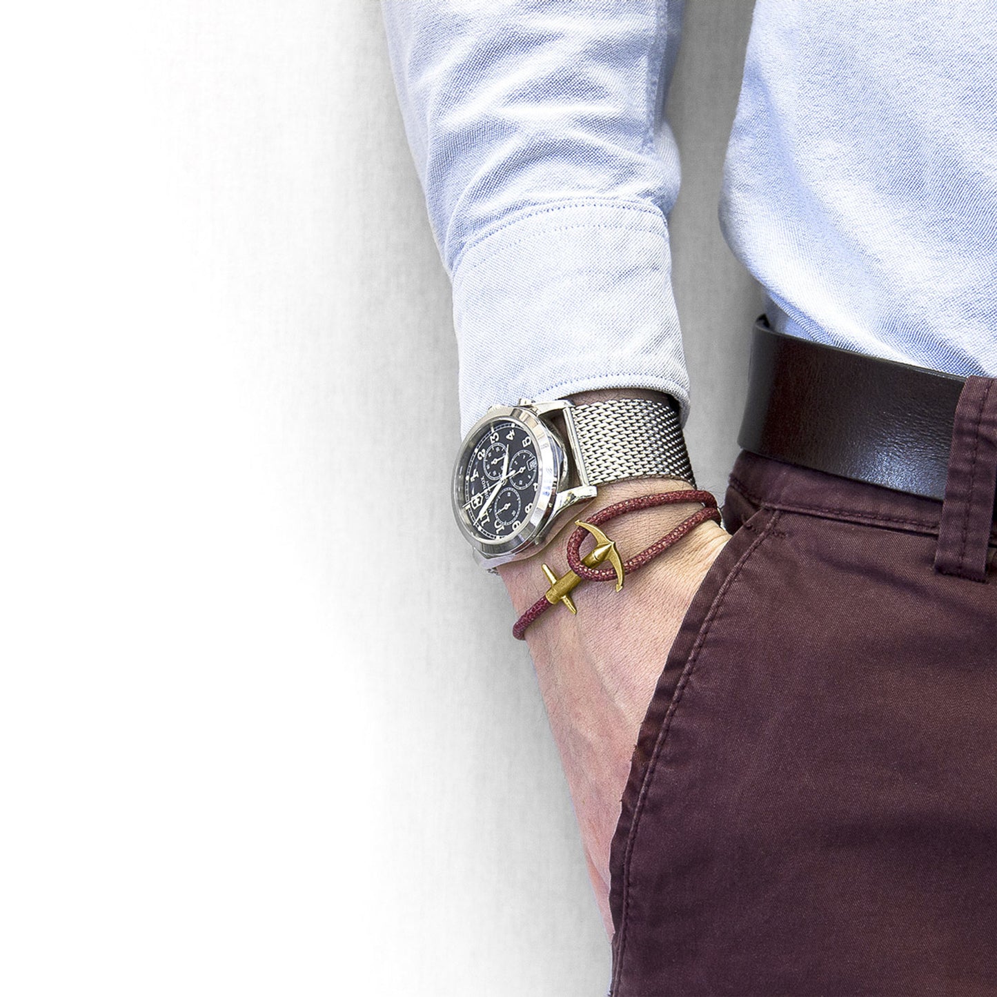 Anchor & Crew Bordeaux Red Admiral Anchor – 9ct Yellow Gold & Stingray Leather Bracelet - British Handmade