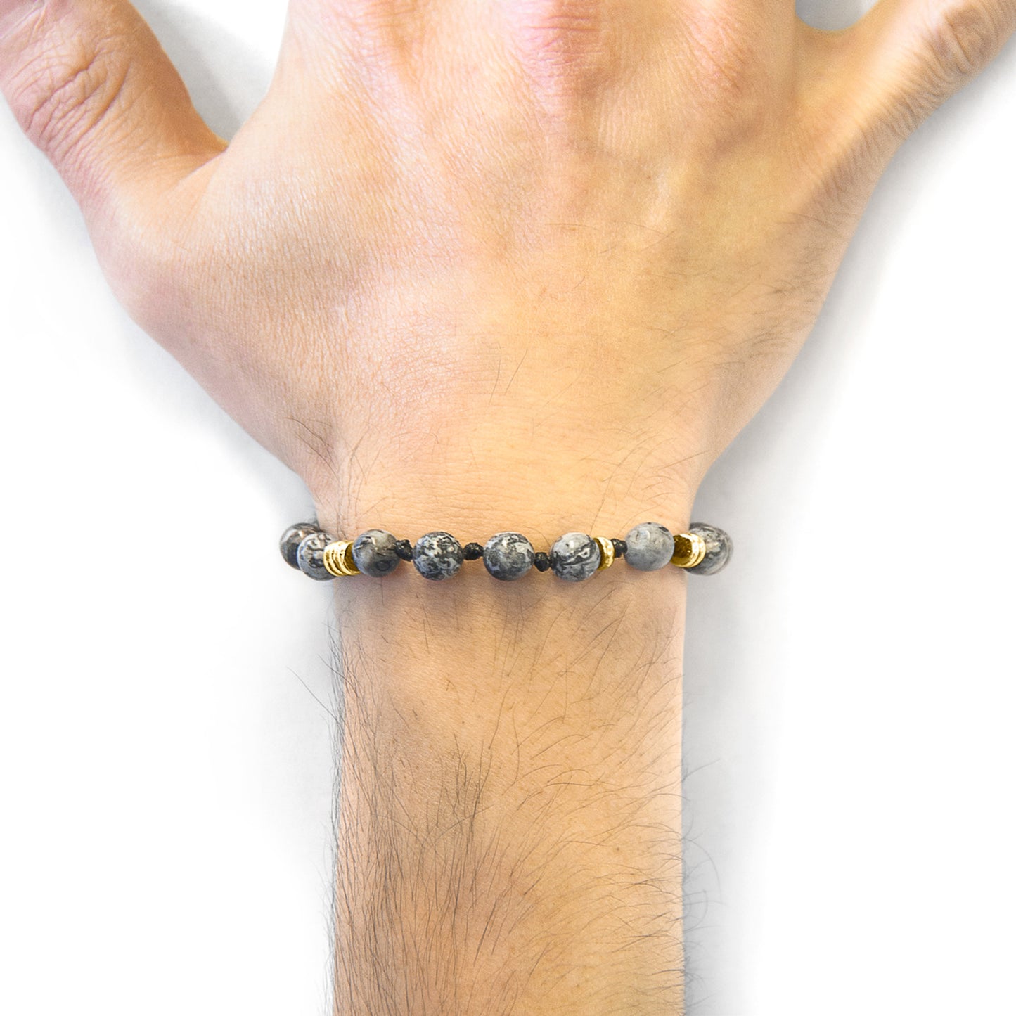 Astra Grey – 9ct Yellow Gold & Stone Beaded Macrame Bracelet - British Handmade