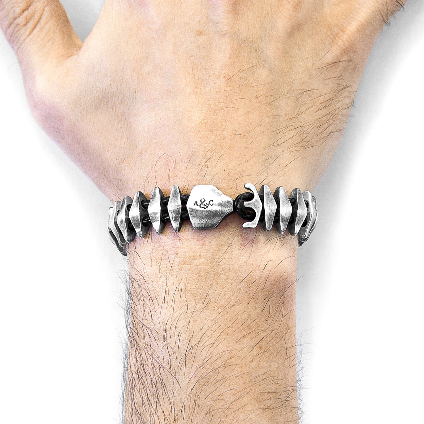 Anchor & Crew Coal Black Delta Anchor Maxi – Silver & Braided Leather Bracelet - British Handmade