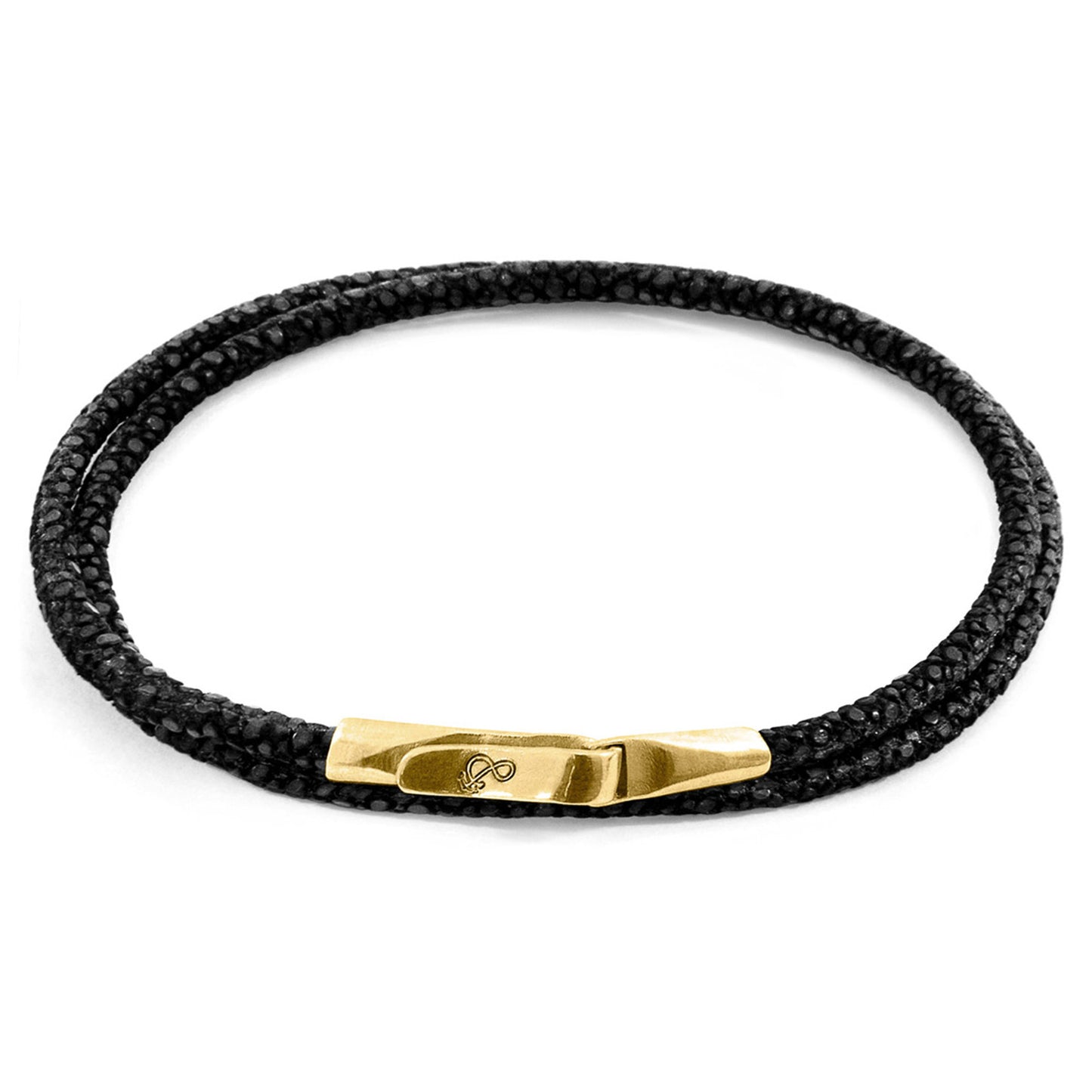 Anchor & Crew Liverpool – Raven Black Stingray Leather & 9ct Yellow Gold Bracelet – Handmade British Jewelry