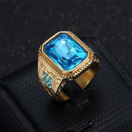 Big Square Bling Ring for Men – Blue CZ