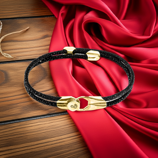 Anchor & Crew Conway – Raven Black Stingray Leather & 9ct Yellow Gold Bracelet - British Handmade