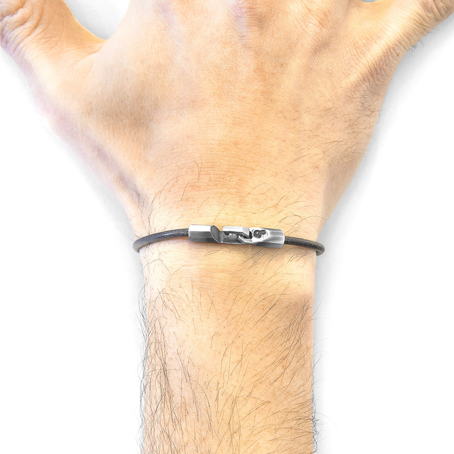925 Sterling Silver & Natural Leather Bracelet - Midnight Wave Grey