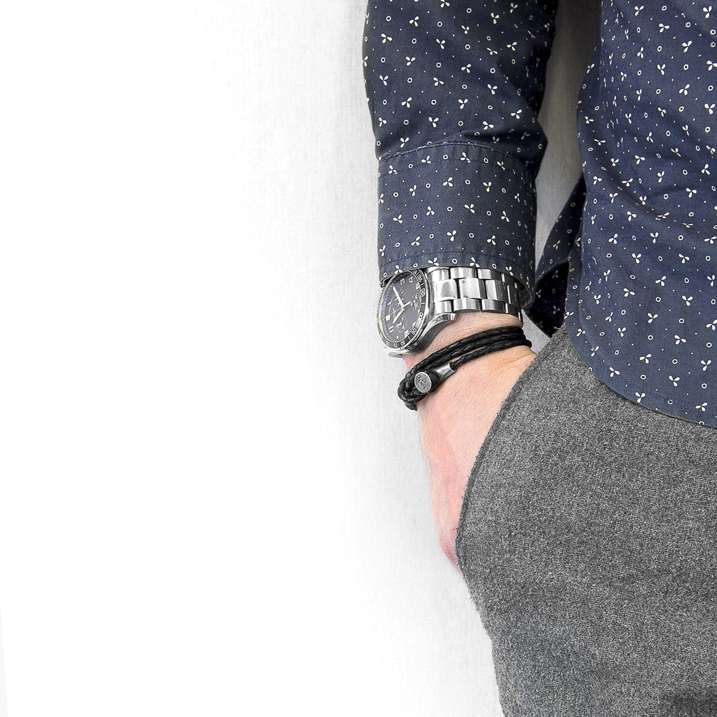 925 Sterling Silver & Natural Leather Bracelet - Ocean Link Black