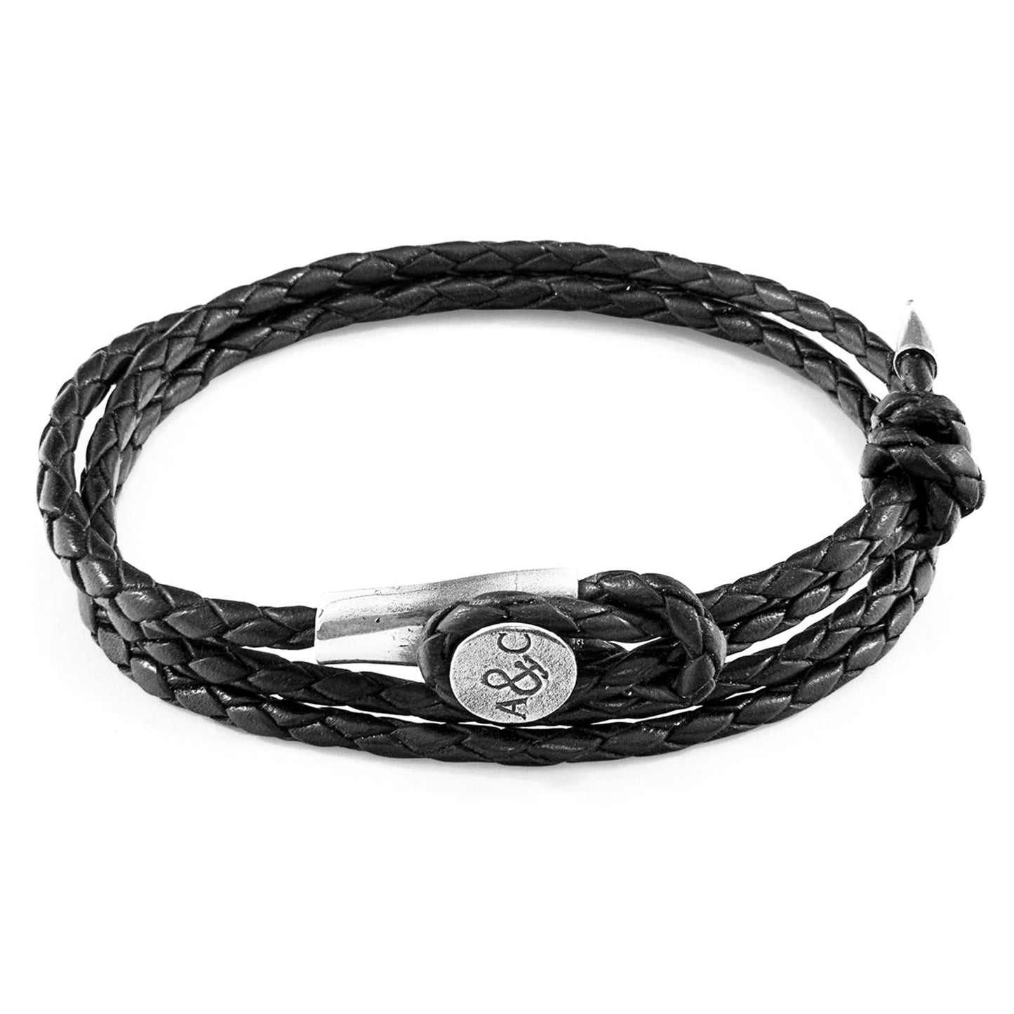 925 Sterling Silver & Natural Leather Bracelet - Ocean Link Black