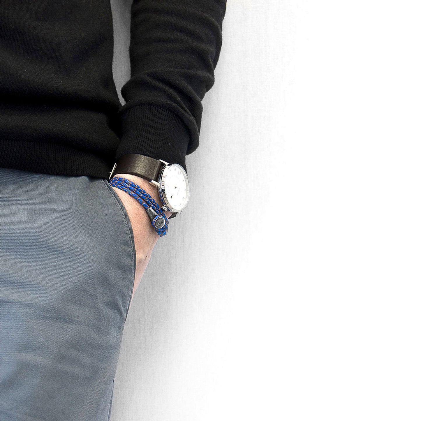 925 Sterling Silver & Natural Leather Bracelet - Ocean Link Blue