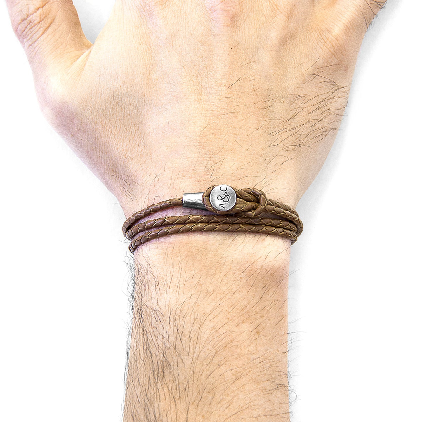 925 Sterling Silver & Natural Leather Bracelet - Ocean Link Light Brown
