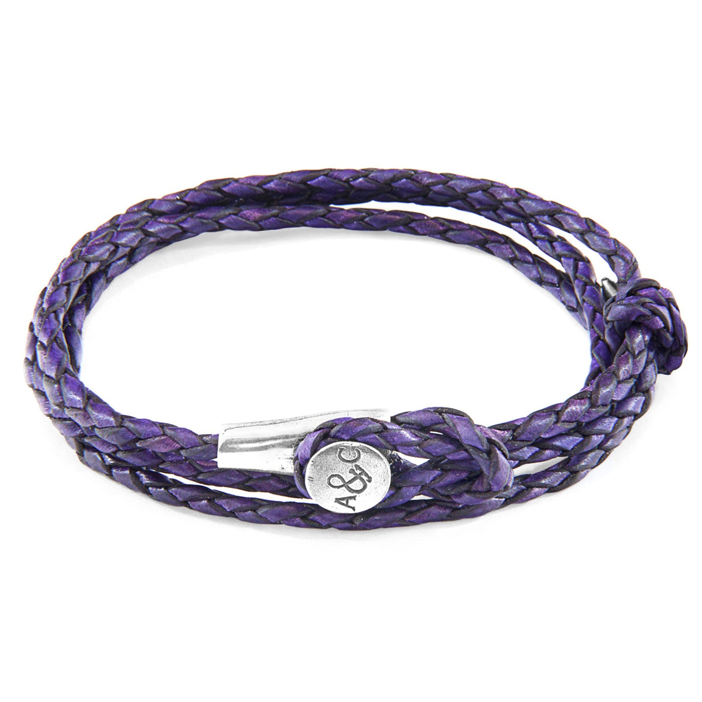 925 Sterling Silver & Natural Leather Bracelet - Ocean Link Grape Purple