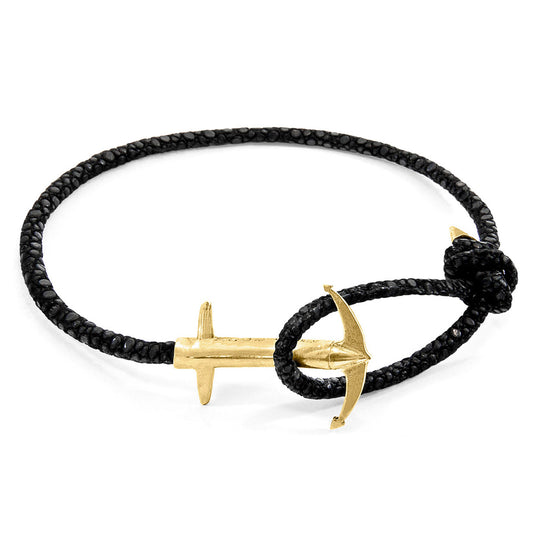 Anchor & Crew Raven Black Admiral Anchor – 9ct Yellow Gold & Stingray Leather Bracelet - British Handmade