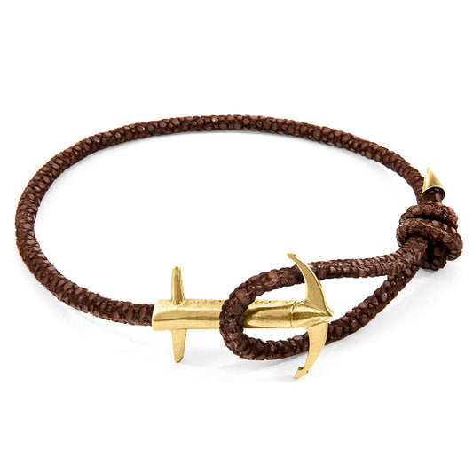 Anchor & Crew Mocha Brown Admiral Anchor – 9ct Yellow Gold & Stingray Leather Bracelet - British Handmade