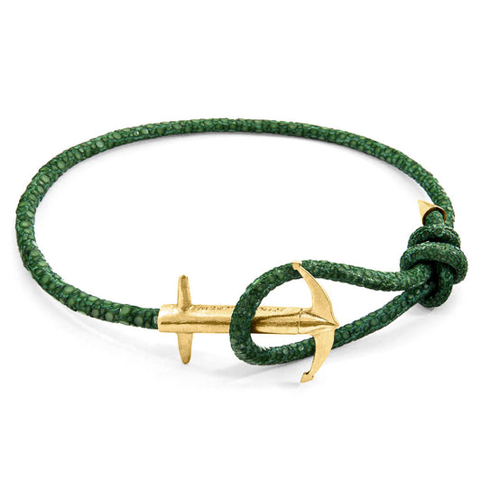 Anchor & Crew Racing Green Admiral Anchor – 9ct Yellow Gold & Stingray Leather Bracelet - British Handmade