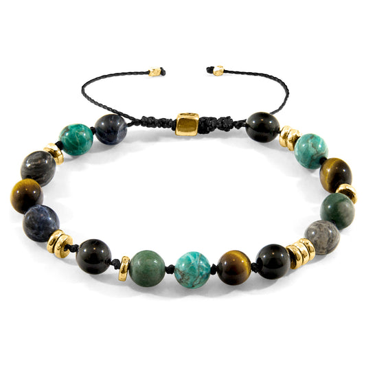 Anchor & Crew Multicoloured Multi-Gem Agaya – 9ct Yellow Gold & Stone Beaded Macrame Bracelet - British Handmade