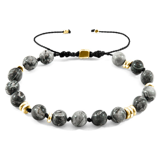 Anchor & Crew Grey Jasper Agaya – 9ct Yellow Gold & Stone Beaded Macrame Bracelet - British Handmade