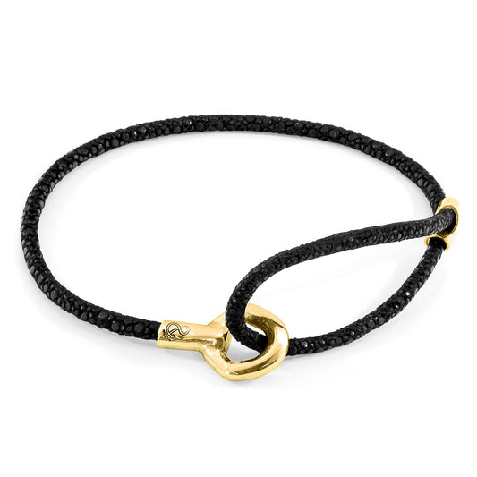 Anchor & Crew Raven Black Blake – 9ct Yellow Gold & Stingray Leather Bracelet - British Handmade