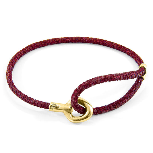 Anchor & Crew Bordeaux Red Blake – 9ct Yellow Gold & Stingray Leather Bracelet - British Handmade