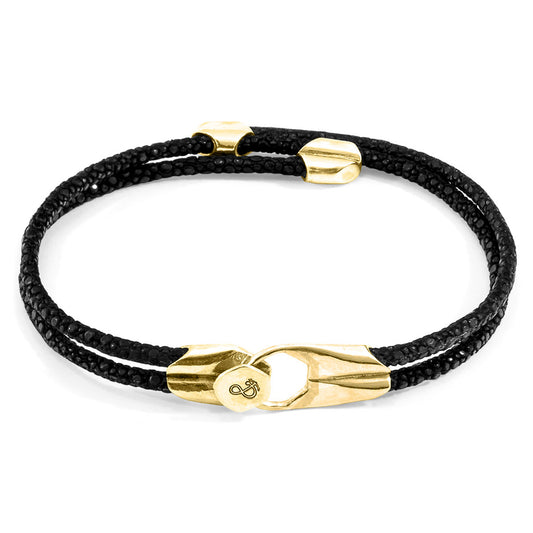 Anchor & Crew Conway – Raven Black Stingray Leather & 9ct Yellow Gold Bracelet - British Handmade