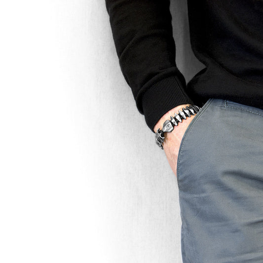 Anchor & Crew Coal Black Delta Anchor Maxi – Silver & Braided Leather Bracelet - British Handmade