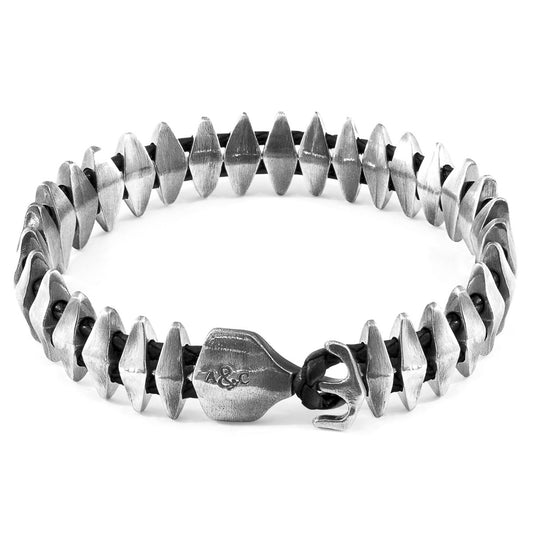 Anchor & Crew Coal Black Delta Anchor Maxi – Silver & Braided Leather Bracelet - British Handmade