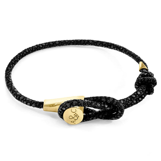 Anchor & Crew Dundee – Raven Black Stingray Leather & 9ct Yellow Gold Bracelet – Bold Elegance - British Handmade