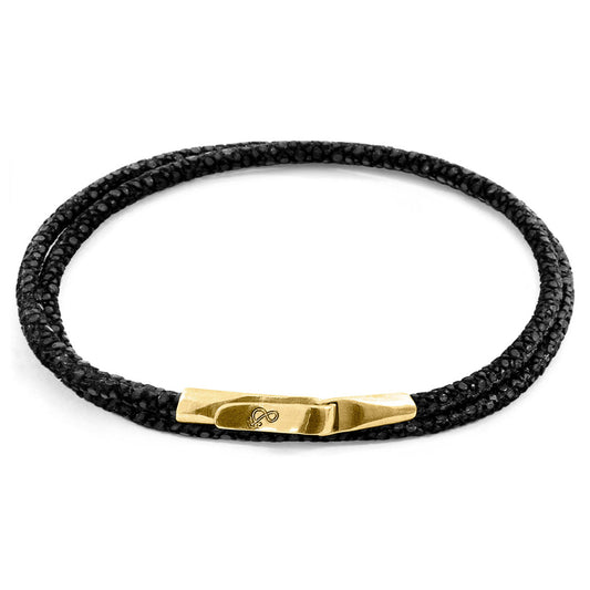 Anchor & Crew Liverpool – Raven Black Stingray Leather & 9ct Yellow Gold Bracelet – Handmade British Jewelry