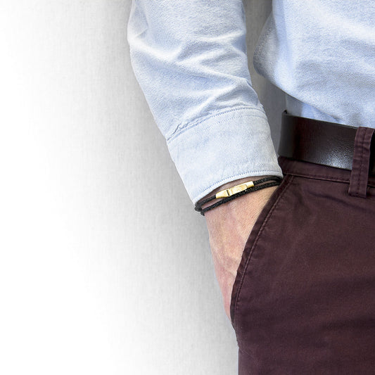 Anchor & Crew Liverpool – Raven Black Stingray Leather & 9ct Yellow Gold Bracelet – Handmade British Jewelry