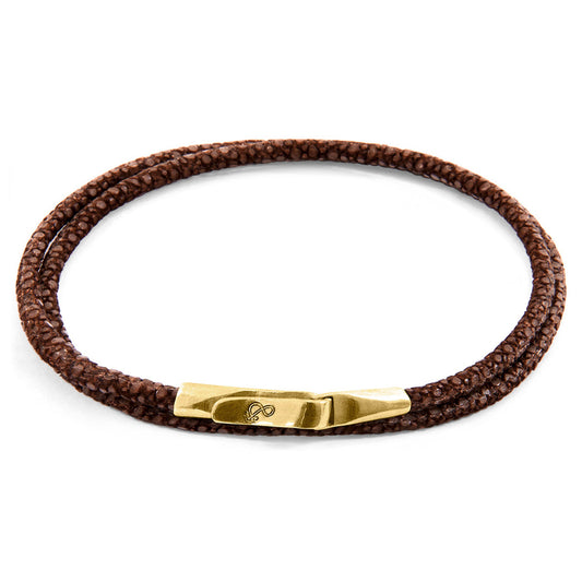 Anchor & Crew Liverpool – Mocha Brown Stingray Leather & 9ct Yellow Gold Bracelet – Handmade British Jewelry