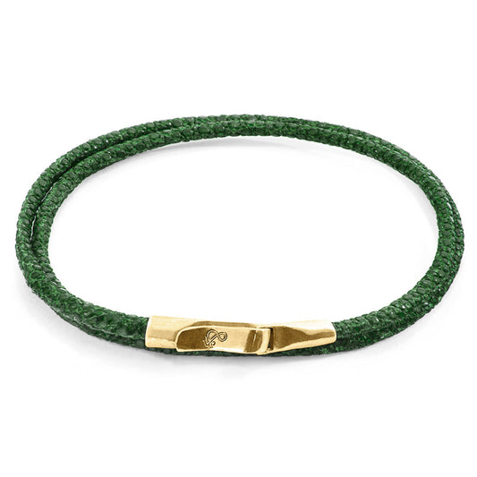 Anchor & Crew Liverpool – Racing Green Stingray Leather & 9ct Yellow Gold Bracelet – Handmade British Jewelry