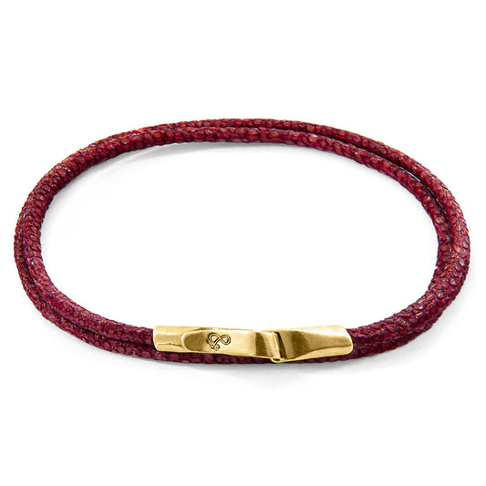 Anchor & Crew Liverpool – Bordeaux Red Stingray Leather & 9ct Yellow Gold Bracelet – Handmade British Jewelry