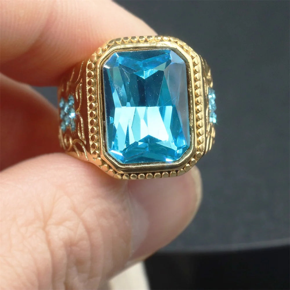 Big Square Bling Ring for Men – Blue CZ